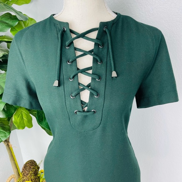 TOPSHOP WOMENS PINE DARK GREEN LACE UP SHORT SLEEVE MINI POCKET DRESS - Picture 2 of 6